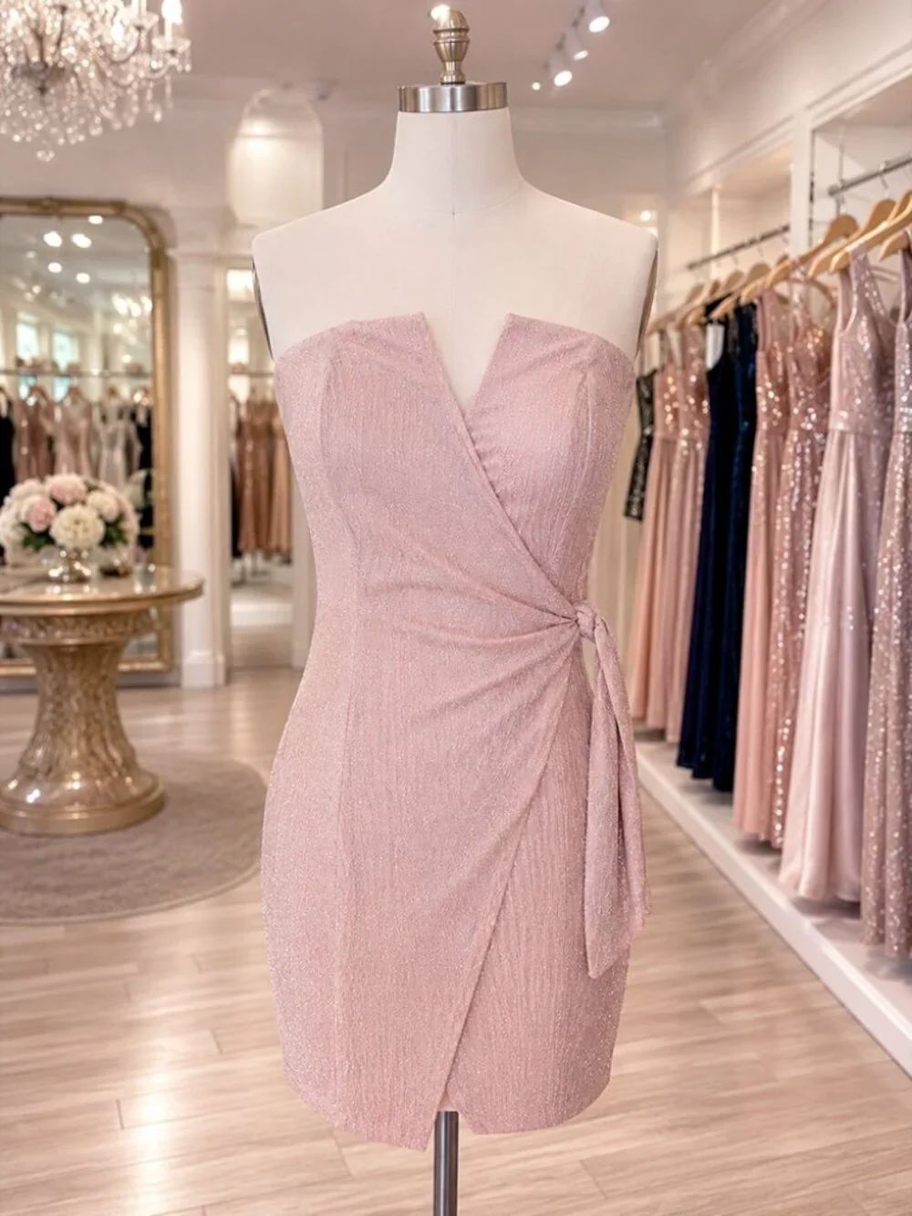 Trixxi Blush Pink Metallic Faux Wrap Mini Dress Side Tie NWT